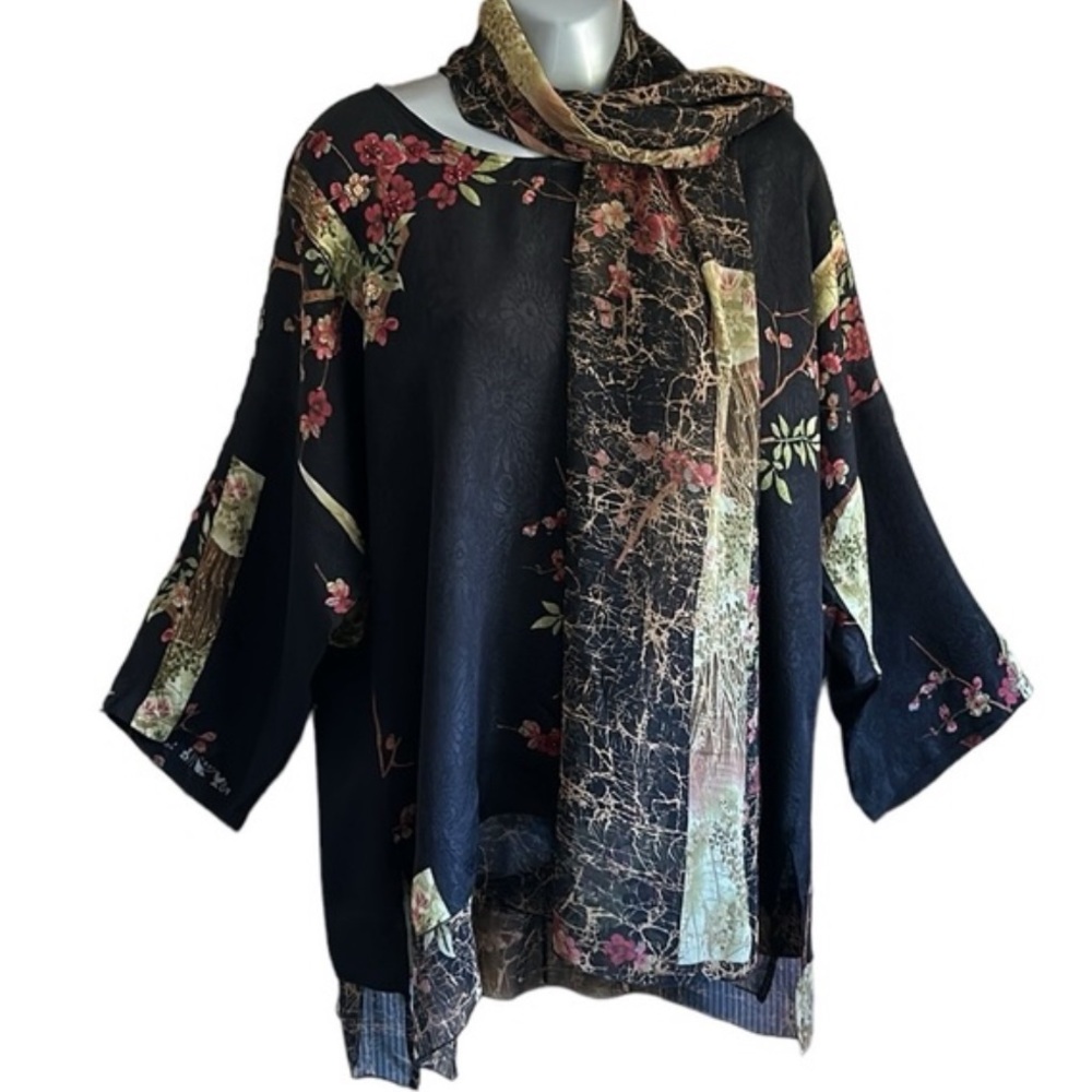 Citron Santa Monica Bamboo Flowers 100% Silk Tunic Blouse w/ Attached Scarf XL